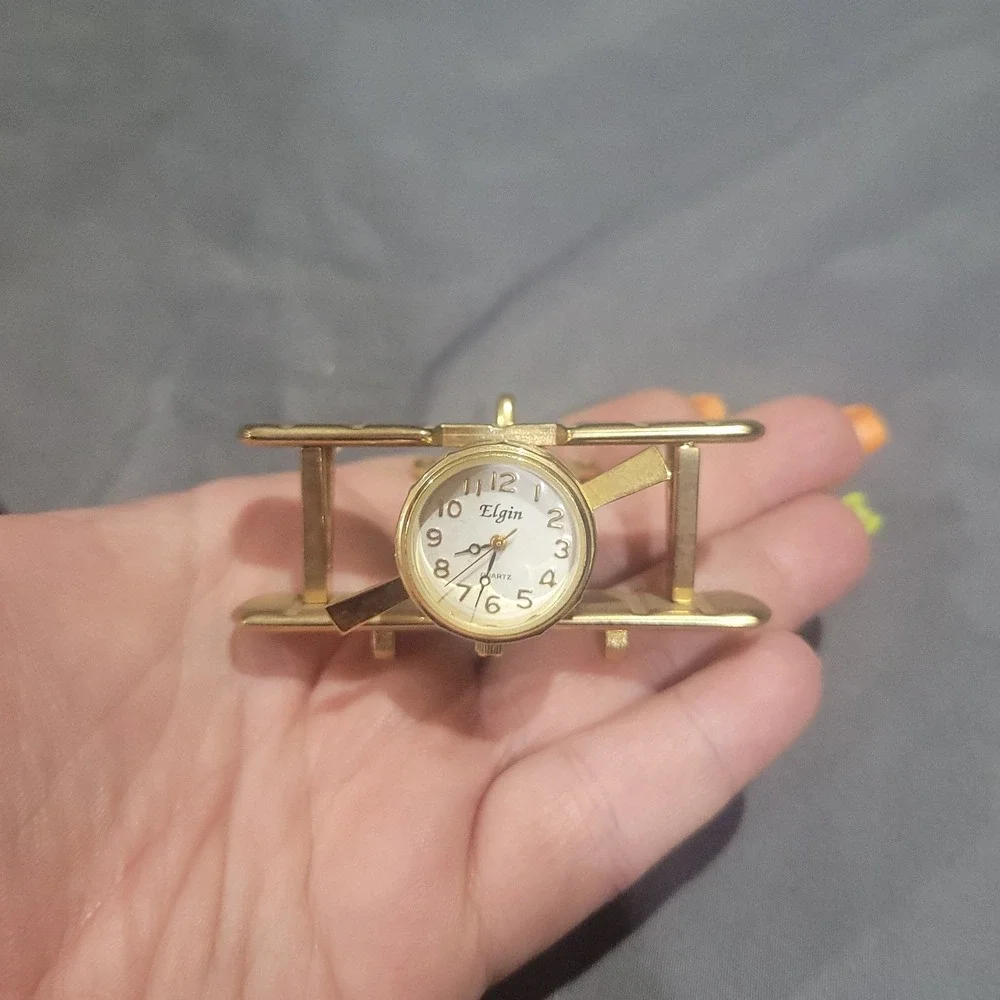 Vintage Elgin Brass Bi-plane Desk Clock Airplane